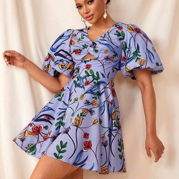 Purple Boho Womens Foral Prints Front Twisted Wrap Cut Out Back Detail Dress - Picture 8 of 8